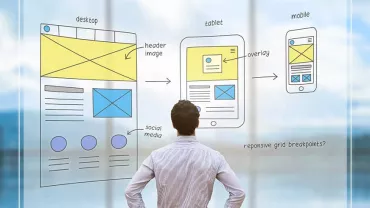 Man looking at diagrams of a website design for desktop, tablet, and mobile.