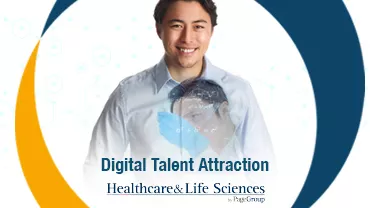 Smiling person with digital graphics overlay, text: Digital Talent Attraction, Healthcare & Life Sciences.